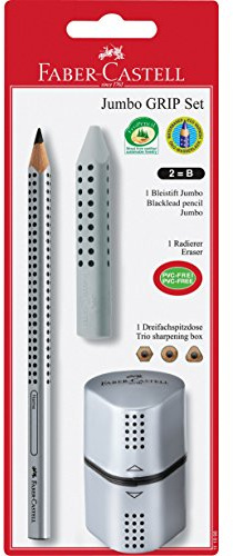 FABER-CASTELL - Schreibset Jumbo mit Bleistift, Spitzer und Radierer | Schulset silber mit Jumbo Bleistift B, Radiergummi und Spitzer