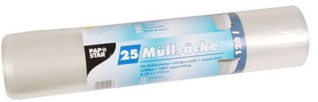 Papstar 1 Karton = 5x25 Müllsäcke, LDPE 120 l 110 cm x 70 cm transparent 12128
