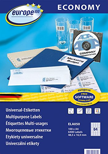 Europe100 Art. ELA050 Universal Etiketten (6.400 Klebeetiketten, 48,5x16,9mm auf A4, Papier matt, individuell bedruckbar, selbstklebende Aufkleber, kompatibel zu AVERY 3667) 100 Blatt, weiß