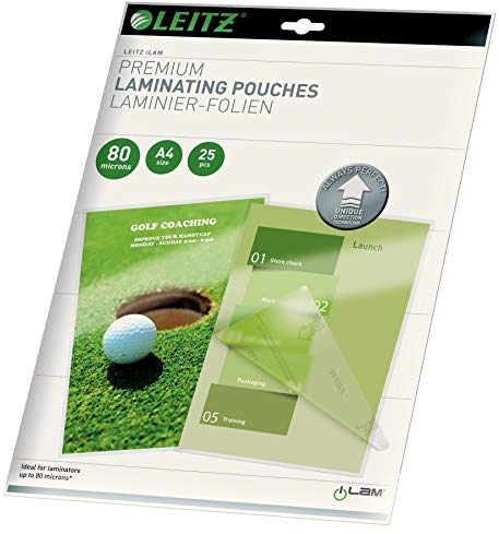 Leitz Heißlaminierfolien A4 80 mic, Laminierfolien in Premium-Qualität im 25er Pack, Glänzend, Transparent, Vereinfachtes Einlegen durch UDT, iLAM, 74790000