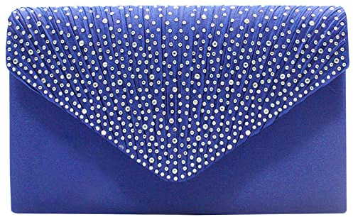 Wocharm Damen-Clutch, Satin, mit Strasssteinen, Umschlagtasche, Handtasche, Abendtasche, Brauttasche, Hochzeit, Mode, Abschlussball, Vintage, Schultertasche, königsblau