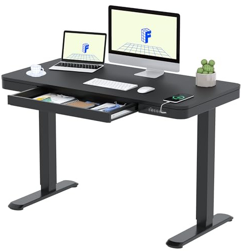 FLEXISPOT Q3 Scrivania Regolabile in Altezza, Piano Unico con Angoli Arrotondati 120x60 cm Nero, Porta di Ricarica USB-C, Funzione Anti-Collisione Auto-ritorno, Cassetto Sottopiano Integrato