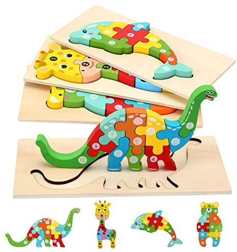 Holzpuzzle für Kleinkinder von 1-3 Jahren, Montessori-Spielzeug für Kinder ab 2 Jahren, lernendes pädagogisches Holzpuzzle-Spielzeug, Geschenk für 1 2 3 jährige Jungen und Mädchen - 4er-Pack