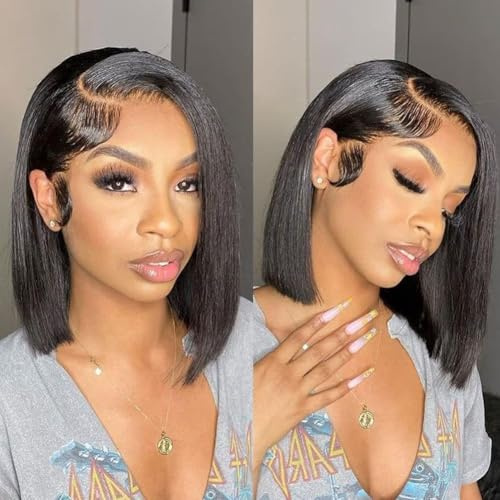 Style Icon Echthaar Perücke Damen Perücke Schwarz Human Hair Wigs frei Scheitel 4x4 Lace Front Wigs glatt Haar brasilianisches Virgin Remy Hair 150% Dichte (10 Inch, NATURAL)