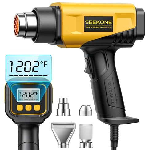 SEEKONE 1800W Heat Gun with LCD Digital Display Compact Design Hot Air Gun Variable Temperature Control 122℉-1202℉（50℃- 650℃）with Memory Function and 4 Nozzles for Crafts, Vinyl Wrap, Shrink Tubing