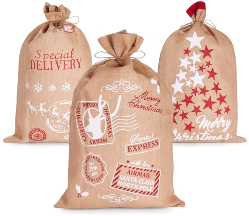 BRUBAKER 3er Set Weihnachtssack - 80 cm Geschenksack mit weihnachtlichen Motiven - Nikolausbeutel zum Befüllen und Verpacken von Geschenken - Weihnachtsdekoration Sack aus Jute