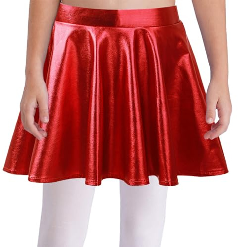 dPois Mädchen Metallic Rock Kurz Minirock Skater A-Linie Hohe Taille Hosenrock Faltenrock Röckchen mit Eingebauter Shorts Party Tanz Outfit Rot 122-128