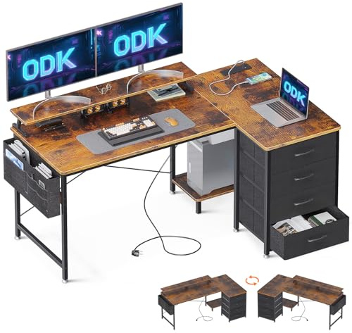 ODK Corner Desk with Drawers, L Shaped Computer Desk 140x80cm with USB Charging Port & Power Outlet, Home Office Desk with Monitor Stand and PC Stand, Gaming Desks Workstations, Rustic Brown