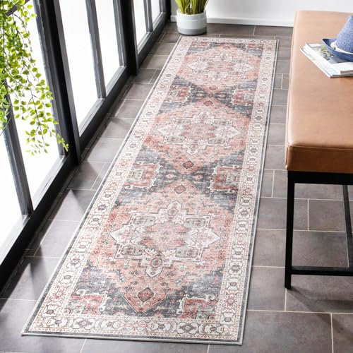 Carvapet Lavable Alfombras de Pasillo 60x240cm Alfombra Corredor Antideslizante Largo Fina Alfombras de área Rosa Alfombra para el Salón Dormitorio