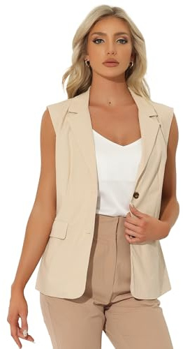 Allegra K Gilet Tailleur Donna Elegante Blazer Estivo Senza Manichea Ufficio in Lino Beige S