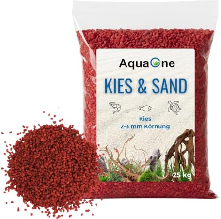 AquaOne Aquarium Kies 25 kg Bodengrund rot 2-3 mm I Aquariumkies Premium Qualität I Quarzkies abgerundete Körnung I Aquariumkies Deko Aquascaping Dekoration