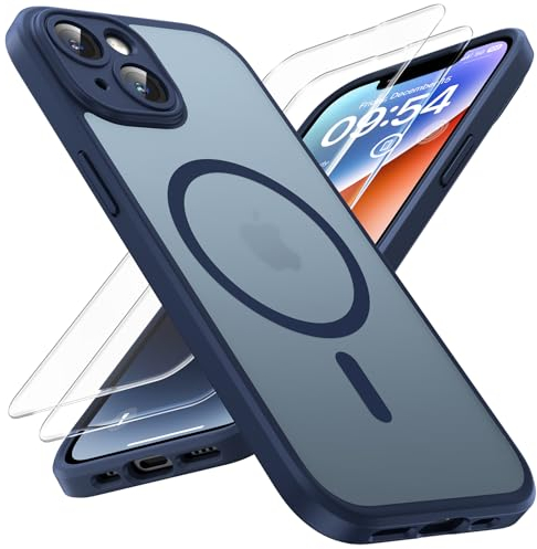 TOCOL Coque Magnétique pour iPhone 14 6,1 Pouces, Compatible avec MagSafe, Protection de l'objectif améliorée, Coque Mat Translucide Fine Antichoc, Bleu