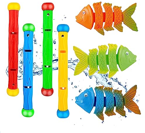 Pool Tauchspielzeug für Kinder,Schwimmbad Tauchspielzeug für Tauchspieltraining,Unterwasser Tauchen Spielzeug, 3PCS Tauchfische und 4PCS Tauchstäbe Pool Spielzeug Spielzeug Unterwasser Schwimmbad Spie