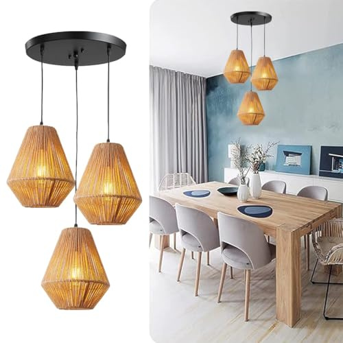 PANNN Pendelleuchten Rattan Vintage Metall Hängelampe E27 3 Flammige Rattan Korb Hängeleuchte Handgewebte Boho Hängeleuchte Natürlichen Bauernhaus Wicker Pendelleuchte Für Küche Flur Schlafzimmer