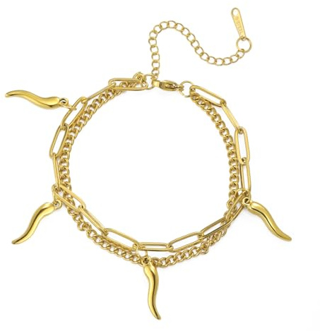 Amaxer Italienisches Hornarmband für Frauen, Cornicello Glücksamulett, Schutz, Schmuck, kubanische Gliederung, Büroklammer, Kettenarmband, doppellagig, verstellbares Armband