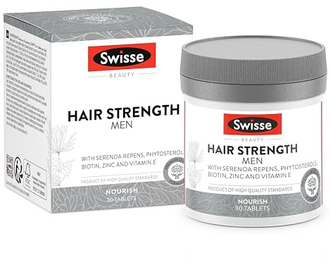 SWISSE Fuerza del Cabello Hombres - Suplemento con Biotina para el Cabello Hombre con Zinc y Vitamina E 30 Comprimidos, Complemento con Vitaminas para el Cabello Fuerte Acción Nutritiva