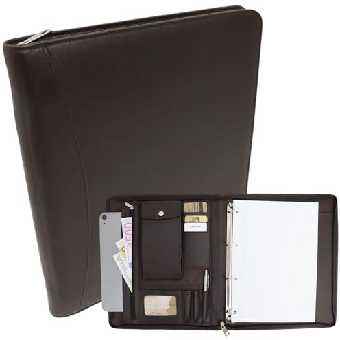 Safekeepers Konferenzmappe A4 mit Reißverschluss - Businessmappe - Ringbuch - Schreibmappe - Ledermappe A4 - Echt Rindleder - Handgefertigte Ledermappe - Laptopfach