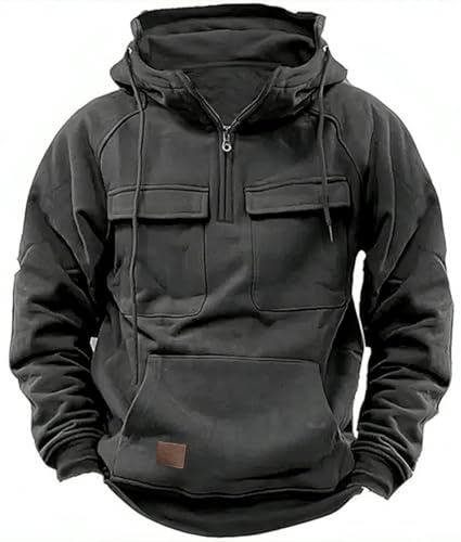 PADOLA Pull Homme 1/4 Zip Veste Polaire Cargo Sweat Manches Longues Multi-Poches Sweat à Capuche Vintage Rétro Pulls Automne Hiver Hoodie Pull de Travail Tricot Veste mi Saision