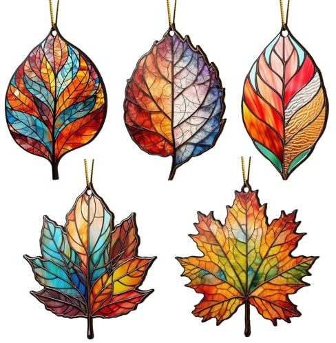 5 PCS Maple Leaf Stained Window Hanging, MapleLeaf Ornament, Fall Decorations Maple Leaf, Hanging MapleLeaf Decorations, Window Wall Hanging Ornament for Fall Thanksgiving Festival Party