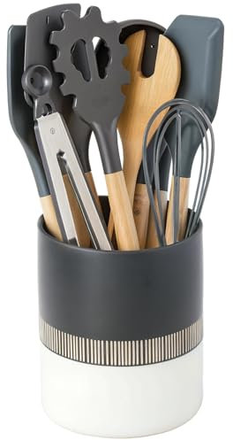 Toski Utensil Pot Ceramic Large, 5,2 x 6,3 in Utensil Holder for Countertop, Minimalist Kitchen Utensils Holder, Gold Stripe Cutlery Holder for Kitchen Storage Accessories and Decor, Black and White