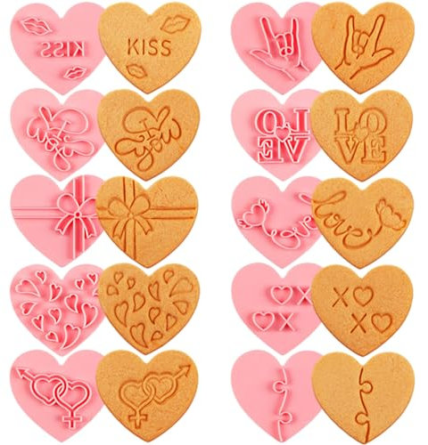 Valentines Day Cookie Cutters, 10 PCS Heart Shape Cookie Stamps, Valentines Day Icing Cutters, Valentines Day Cookies Cutters Set (Heart) (Valentines Day)