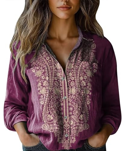 Flanellskjorta dam 2024 långärmad jul bomullsskjorta tryckt mode button down-skjortor vardagliga toppar långärmad blus färgglada t-shirts kvinnor, Lila, L
