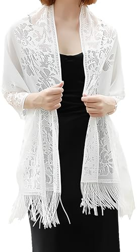 Elegante Stola, Ladiery Damen Umschlagtuch, Umhang Schal Spitzenschal Schal mit Quasten, Dünne Vintage stola Wraps, Hohl Chiffon Stola Damen Festlich, Stola für Abendkleid