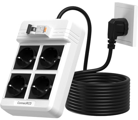 ConnecRCD Steckdose mit FI Schutzschalter, RCD Steckdosenleiste mit 4 Steckdosen(16A,4000W),FI Steckdosenleiste mit 3m Verlängerungskabel und 30mA Fehlerstromschutz, Überlast- und Kurzschlussschutz