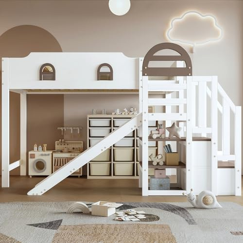 Kebnor Litera cuna con ventana, tobogán, escaleras con pasamanos, 2 armarios, diseño versátil, amplio almacenamiento, pino+MDF, blanco+marrón, 90 x 200 cm