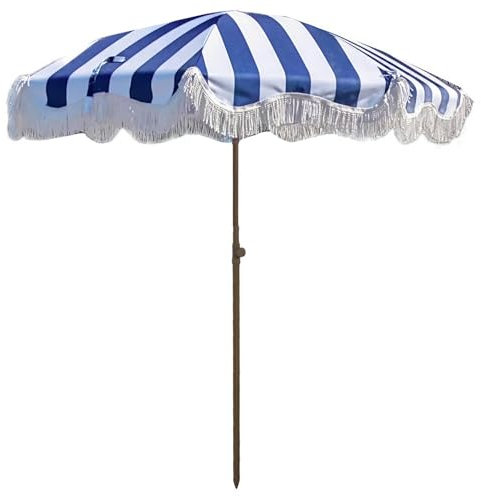 Ombrellone da Esterno Boho con Frange, Ombrellone da Patio Piccolo ø180 cm con Inclinazione a Pulsante, Ombrellone da Spiaggia Portatile UPF50+ per Giardino, Piscina, Terrazza, Cortile