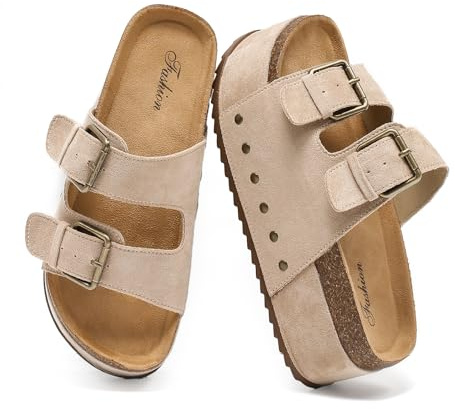 Zenithra Women's Platform Slides Sandals with Arch Support, Platform Clogs Sandal with Comfort Cork Footbed Casual Summer Double Buckles Beach Platform Slide Mules for Outdoor