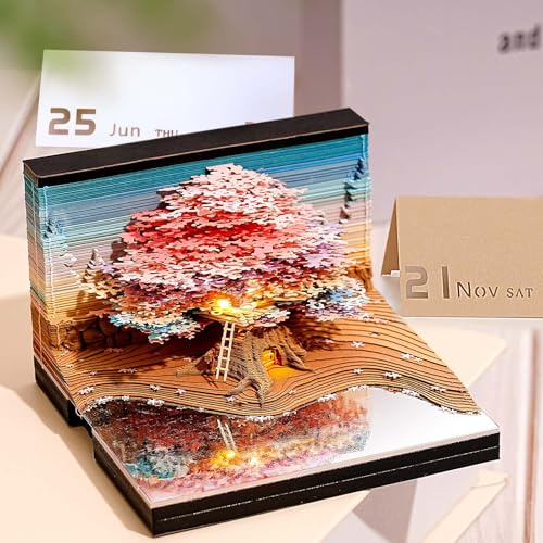 Auniq 2026 Calendrier de Bureau 3D Bloc Notes avec lumière LED, 3D Arbre Calendrier Hebdomadaire 2026 Pièce de temps Calendriers DIY Papier Sculpture d'artisanat d'art Cadeau pour Noël Nouvelle Année