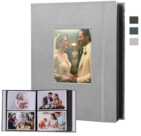 Photo Albums 6x4 200 Photos Slip In, Customizable Cover, Leather-Hardcover, Picture Albums with ties for Wedding Albums, Anniversary, Family Photo Books Baby Albums and Travel Memories(Grey)