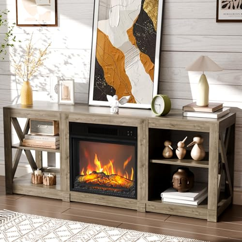 Bonnlo Fireplace TV Unit, TV Stand with Built in Electric Fireplce, Electric Fire and Surround with Remote Control, Overheat Protection, Realistic Flame Effect Heater, Entertainment Center for 70 TV
