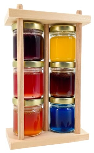 FOODOKO FINEST - Honig Geschenkset 6×40g – Früchte-Honig mit Erdbeere, Blaubeere, Brombeere, Apfel, Himbeere & Spirulina – Handgemachtes Holzgestell – Feinkost Geschenk
