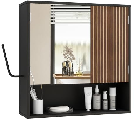 Bathroom Cabinet with Mirror & LED, Wall Mounted Bathroom Cabinet,Side Hook | Magnetic mirror Door,Detachable magnetic Light ,Adjustable Shelves,Side Hook,Open Bottom Shelf,Wood Grain,Over Toilet Mount