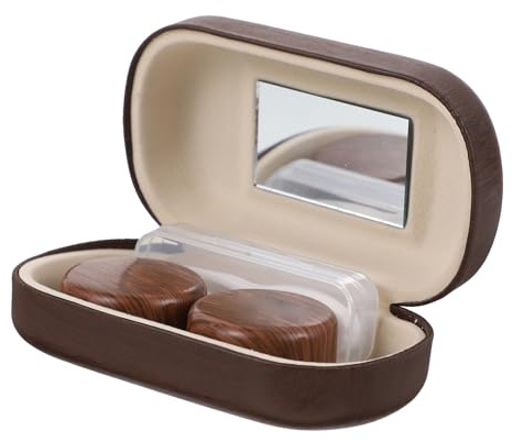 Outanaya Leak-Proof Lens Travel Case with Plastic Body and Brown Leather Lining, Easy to Carry Contacts Lens Box with Clip and Small Mirror for Secure Eye Care Storage