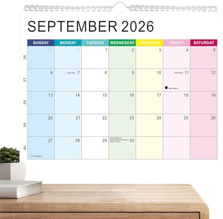 Calendario de pared 2026, planificador diario semanal y calendarios de 18 meses con días festivos resaltados, función de seguimiento de citas, calendario de pared con uso para el hogar, oficina, aula