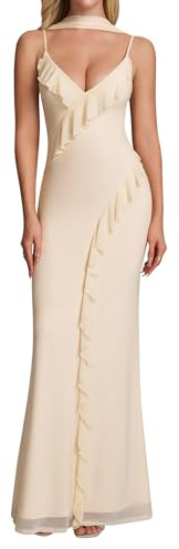 Women's Floral V Neck Bodycon Maxi Dress Spaghetti Strap Elegant Ruffle Backless Cocktail Party Wedding Guest Dresses Beige