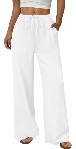Linen Trousers Womens Summer Wide Barrel Leg Elastic High Waisted Lightweight Loose Linen Pants Palazzo Baggy Trousers for Women UK Fashion Casual 2026 Holiday Beach Lounge Work Sports Clothing