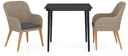 PUGYNBK Set da giardino con cuscino, tavolo da giardino con piano in vetro, set da giardino con sedie e tappezzeria, colore: marrone