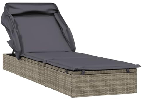 QJBSAVVA Sonnenliege mit Faltdach Grau 213x63x97 cm Poly Rattan Gartenliege mit Auflage Verstellbares Tagesbett für Garten Balkon Pool und Terrasse Stahlrahmen