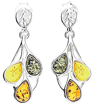 Pendientes de plata de ley 925 con diseño de hojas de ámbar mezcladas y colgantes para mujeres/adolescentes/niñas, de 11 mm de ancho x 29 mm de alto. 070386