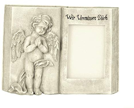 Geschenkestadl Grabschmuck aufgeschlagenes Buch mit Engel und Foto Fenster und Aufschrift Wir vermissen Dich Grabdekoration