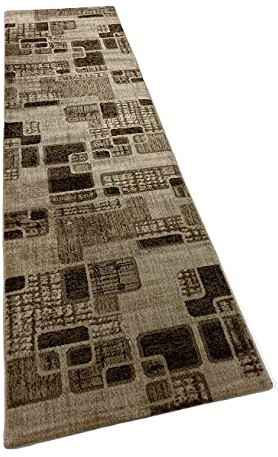 VIMODA Teppich Kurzflor Modern Kariert Retro geometrisches Muster Meliert Braun Beige für Wohnzimmer, Schlafzimmer, Maße:80 x 300 cm
