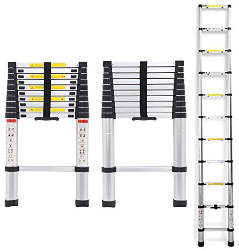 Telescopic Ladder 3.2m 10.5Ft Aluminium Lightweight Portable Max Load 330lbs 11 Steps Extendable Foldable Ladder for DIY Home Work Builder Garden Office Loft Attic
