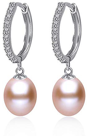 Kim Johanson Damen Perlenohrringe *Nora* aus 925 Sterling Silber mit Echten rosa Süßwasser Perlen & Zirkonia Steinchen Besetzt Ohrhänger inkl. Schmuckbeutel