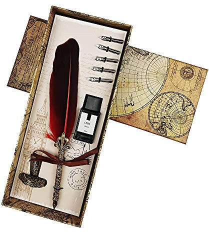 AOKUY Federstift, Vintage Dip Pen, englischer Kalligraphiestift-Füllfederhalter Schreibmappe mit 5 Federn und schwarzer Tinte, Perfekt für Kalligraphie Anfänger