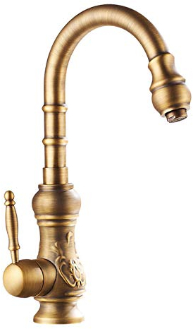 Grifo De Cocina, Grifo De Fregadero Giratorio a 360°, Caño Alto, Latón Monomando Mezclador De Fregadero, Para Agua Caliente Y Fría, Diseño Elegante, Estilo Antiguo, Bronce