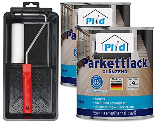 Plid® Parkett - Klarlack - glänzend geeignet zum Versiegeln von Kork-, Parkett & Holzfußböden, Holztreppen sowie Möbeln im Innenbereich stoß - schlagfest strapazierfähig - Made in Germany 1,5l Set